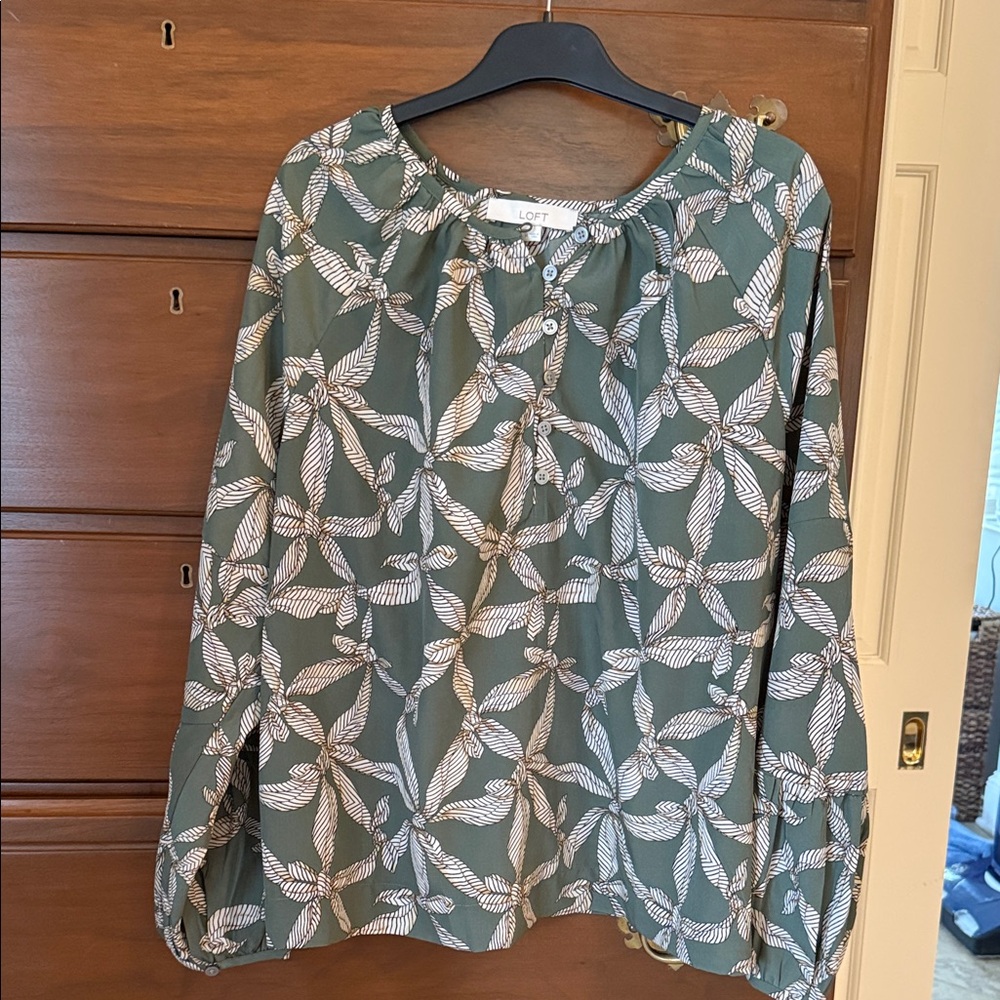 LOFT Olive Green Bow Pattern Blouse